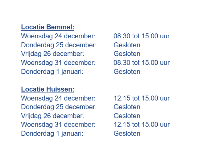 Aangepaste openingstijden tijdens de feestdagen